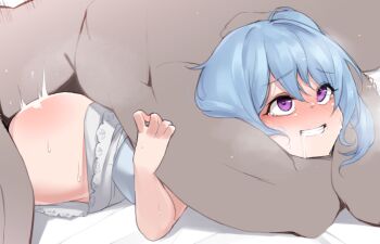 1boy 1girl ahegao asphyxiation bang_dream! blue_hair blush choke_hold clenched_teeth clothed_female_nude_male commission faceless faceless_male from_side happy_sex hetero long_hair lying matsubara_kanon nasuno_(nasuno42) nude on_stomach one_side_up prone_bone purple_eyes rolling_eyes saliva sex sex_from_behind skeb_commission strangling teeth