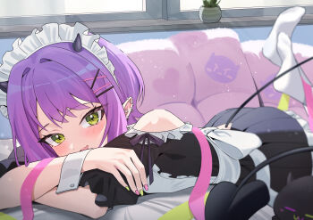 1girl absurdres apron barbell_piercing black_dress clothing_cutout commentary_request couch demon_girl demon_horns dress ear_piercing earclip fang fingernails green_eyes hair_intakes highres hololive horns industrial_piercing looking_at_viewer lying maid maid_apron maid_headdress multicolored_nails nail_polish no_shoes on_couch on_stomach open_mouth piercing plant pleated_dress potted_plant short_sleeves shoulder_cutout single_bare_shoulder skin_fang small_horns smile socks solo tokoyami_towa uw_chanmaru virtual_youtuber white_apron white_socks white_wrist_cuffs wrist_cuffs