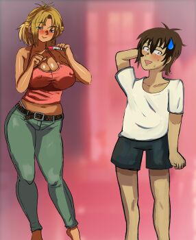 1boy 1girl absurdres age_difference blonde_hair blue_eyes blurry blurry_background blush breasts cleavage covered_erect_nipples cross cross_earrings daikiarts denim earrings full_body happy highres huge_breasts jellyfish_(company) jewelry kamimura_akiko keisuke_(sisters) latin_cross no_bra nose_blush older_female_and_younger_male panties_visible_through_clothes pregnancy_test pregnant sisters_~natsu_no_saigo_no_hi~ smile smiley_face step-incest stepmother stepmother_and_stepson sweat sweatdrop tank_top vanilla
