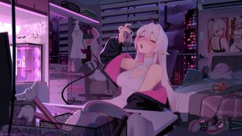 absurdres armpits bare_shoulders bed breasts chair cleavage_cutout clothing_cutout collarbone commentary english_commentary grey_hair head_wings headphones heart_cutout heyimbee_(vtuber) highres indie_virtual_youtuber indoors jacket large_breasts long_hair looking_at_viewer multicolored_hair on_chair one_eye_closed open_mouth peesh_san perspective pink_hair pointy_ears purple_eyes shoes sitting skindentation sleeveless sleeveless_sweater sneakers solo streaked_hair sweater tail virtual_youtuber window wings