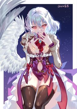 1girl bikini breasts commentary_request floral_print floral_print_bikini hand_on_own_face highres kishin_sagume large_breasts looking_at_viewer medium_hair multicolored_nails navel pleated_skirt print_bikini signature single_wing skirt solo star_(sky) starry_sky_background swimsuit thighs touhou user_nhsf7722 white_hair wings