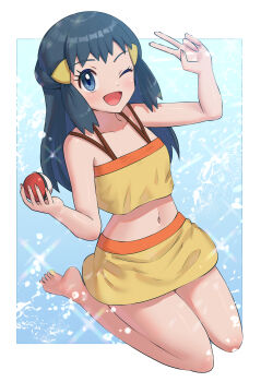 1girl barefoot bikini blue_background blue_eyes blue_hair border collarbone dawn_(pokemon) feet female_focus fingernails full_body loli long_hair looking_at_viewer matching_hair/eyes navel nintendo one_eye_closed open_mouth poke_ball pokemon pokemon_dppt solo solo_focus swimsuit toes v white_border wink