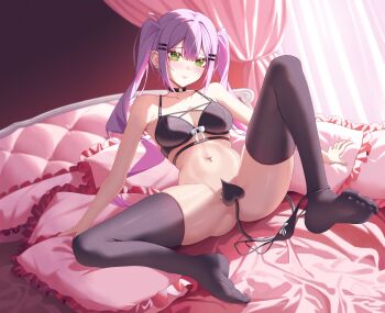 Rule 34 | 1girl, absurdres, barbell piercing, black bra, black choker, black panties, black thighhighs, blush, bra, breasts, center-flap bangs, choker, colored inner hair, commentary, convenient tail, demon girl, demon tail, double-parted bangs, ear piercing, earrings, feet, gradient hair, green eyes, hair ornament, hairclip, highres, hololive, industrial piercing, jewelry, long hair, looking at viewer, medium breasts, multicolored hair, navel, navel piercing, no shoes, o-ring, o-ring choker, on bed, panties, panty pull, parallel hairclips, parted lips, piercing, pink hair, pointy ears, purple hair, sitting, soles, soles of feet in socks, solo, spiked ear piercing, spread legs, tail, tail ornament, tail piercing, thighhighs, toes, toes visible through clothing, tokoyami towa, twintails, underwear, virtual youtuber, yubbiidraw