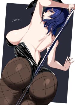 1girl absurdres animal_ears artist_name asaka_karin ass back bare_back between_buttocks black_leotard blue_eyes blue_hair breasts brown_pantyhose cleavage curvy fake_animal_ears fishnet_pantyhose fishnets highres huge_ass large_breasts leotard looking_at_viewer looking_back love_live! love_live!_nijigasaki_high_school_idol_club medium_hair open_mouth pantyhose playboy_bunny pole rabbit_ears shoulder_blades sideboob tarakon thick_thighs thighs tongue tongue_out wide_hips
