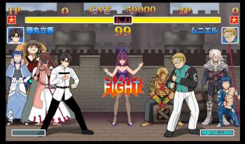 1girl 6+boys :3 animal_ears artist_name barrel beowulf_(fate) black_hair blonde_hair blue_eyes blue_hair box brown_hair camera castle command_spell cu_chulainn_(caster)_(fate) cu_chulainn_(fate) cu_chulainn_(lancer)_(fate) cu_chulainn_(second_ascension)_(fate) fake_animal_ears fate/grand_order fate_(series) fujimaru_ritsuka_(male) georgios_(fate) heads-up_display health_bar jimauso jingle_abel_meuniere lancer_(gears_of_war) multiple_boys parody playboy_bunny purple_footwear purple_hair purple_headwear rabbit_ears red_eyes scar scar_on_face scathach_(fate) shirt siegfried_(fate) star_(symbol) street_fighter super_orion_(fate) user_interface white_shirt wooden_box