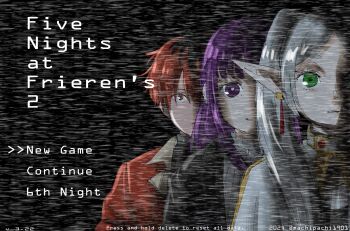 1boy 2girls black_coat capelet coat commentary dress earrings english_commentary english_text fern_(sousou_no_frieren) five_nights_at_freddy's five_nights_at_freddy's_2 floating_earrings frieren gold_trim green_eyes hair_over_shoulder heads-up_display highres jacket jewelry looking_at_viewer machipachi1901 multiple_girls pointy_ears purple_eyes purple_hair red_eyes red_hair red_jacket sousou_no_frieren stark_(sousou_no_frieren) static straight-on twintails upper_body user_interface white_capelet white_dress