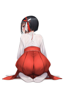 1girl absurdres ass black_hair blush closed_mouth commentary_request feet from_behind full_body grey_eyes hair_ribbon hakama hakama_skirt highres japanese_clothes long_sleeves looking_at_viewer looking_back miko murakami_suigun no_shoes original red_hakama red_ribbon ribbon seiza short_hair simple_background sitting skirt soles solo tabi white_background white_ribbon
