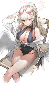 1girl above-cleavage_cutout absurdres arm_behind_head arm_up aviator_sunglasses beach_chair black_one-piece_swimsuit blue_archive blush book bracelet breasts brown-tinted_eyewear brown_hair casual_one-piece_swimsuit center_opening chair cleavage closed_mouth clothing_cutout commentary_request crossed_legs drive_shot eyewear_on_head feathered_wings halo highres holding holding_book jewelry large_breasts long_hair looking_at_viewer low_wings multiple_bracelets nagisa_(blue_archive) nagisa_(swimsuit)_(blue_archive) official_alternate_hairstyle on_chair one-piece_swimsuit open_book ponytail simple_background solo sunglasses swimsuit thighs tinted_eyewear v-shaped_eyebrows very_long_hair white_background white_wings wings yellow_eyes