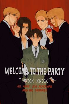 5boys alcohol beard black_hair black_jacket black_pants blonde_hair blue_eyes bolo_tie brown_hair coat collared_shirt commentary cow cup drinking_glass eren_yeager erwin_smith facial_hair furrowed_brow glasses green_eyes grey_coat grey_eyes hair_between_eyes hand_in_pocket hand_on_another's_shoulder height_difference highres holding holding_another's_arm holding_cup jacket levi_(shingeki_no_kyojin) lilypsiren long_coat male_focus medium_hair mike_zakarius multiple_boys pants parted_bangs red_background red_wine shingeki_no_kyojin shirt short_hair symbol-only_commentary white_shirt wine wine_glass yaoi zeke_yeager