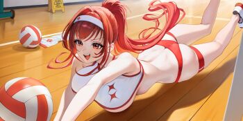 1girl absurdres alternate_costume ass back ball breasts buruma butt_crack commentary goddess_of_victory:_nikke hairband highres large_breasts long_hair open_mouth playing_sports ponytail rapi_(nikke) rapi_(red_hood)_(nikke) red_buruma red_eyes red_hair shoes smile solo sports_bra sportswear symbol-only_commentary t-back_spats thigh_strap very_long_hair volleyball_(object) wet_floor_sign white_hairband white_shoes white_sports_bra wooden_floor young999999990