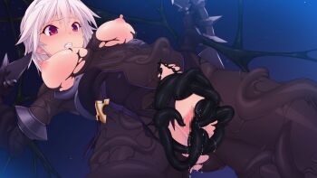 1girl arisia_hellioxenes blush bodysuit breasts breasts_out censored clenched_teeth from_below game_cg kourin_tenshi_en_ciel_rena large_breasts large_variant_set mosaic_censoring nipples non-web_source official_art purple_eyes pussy pussy_juice rape red_eyes restrained saitou_natsuki short_hair sky slime_(substance) solo suhamaya teeth tentacle_sex tentacles tentacles_under_clothes torn_clothes vaginal variant_set white_hair