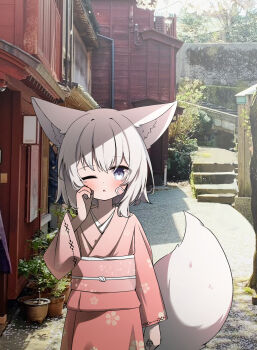 1girl ;o animal_ear_fluff animal_ears arm_at_side bandaid bandaid_on_cheek bandaid_on_face blue_eyes commentary floral_print floral_print_kimono fox_ears fox_girl fox_tail hand_on_own_face hand_up highres japanese_clothes kimono long_sleeves looking_at_viewer medium_hair moepu. obi one_eye_closed open_mouth original outdoors photo_background pink_kimono print_kimono sash solo symbol-only_commentary tail upper_body white_hair wide_sleeves