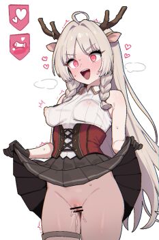 1girl black_gloves blush covered_erect_nipples female_orgasm gloves heart highres louise_marie no_panties orgasm princess_connect! skirt smile sorahana_(haruka1638)