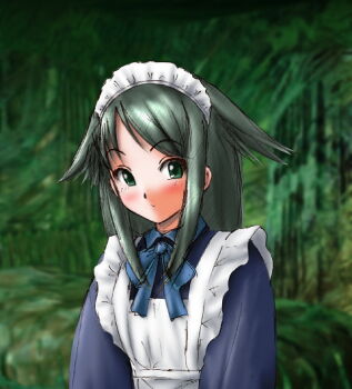 1girl alternate_costume blush cosplay enmaided exif_thumbnail_surprise female_focus green_background green_eyes green_hair long_hair looking_at_viewer maid maid_headdress matching_hair/eyes saya_(saya_no_uta) saya_no_uta simple_background solo upper_body