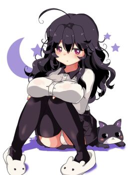 Rule 34 | 1girl, :<, :3, ahoge, animal, black skirt, black thighhighs, blush, breast rest, breasts, cameltoe, cat, closed mouth, collared shirt, commentary, crawling dreams, crescent, english commentary, hair between eyes, hikaru (sgst), huge breasts, hugging own legs, jitome, long hair, messy hair, miniskirt, nyarla (osiimi), panties, pleated skirt, purple eyes, purple hair, shirt, sidelocks, simple background, skirt, slippers, solo, star (symbol), thighhighs, underwear, wavy hair, white background, white panties, white shirt