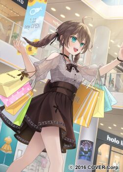 Rule 34 | 1girl, :d, ahoge, aqua eyes, bag, black choker, black ribbon, bow, bowtie, braid, brown bow, brown bowtie, brown hair, brown skirt, choker, clothing cutout, collared shirt, commentary request, copyright notice, double-parted bangs, drill hair, earrings, flower earrings, frilled shirt collar, frills, grey shirt, hair between eyes, hair ribbon, hands up, high-waist skirt, hololive, indoors, jewelry, kumajyayo, lace, lace sleeves, long hair, mall, miniskirt, natsuiro matsuri, natsuiro matsuri (casual), official alternate costume, official alternate hairstyle, official art, open mouth, plaid clothes, plaid shirt, puffy short sleeves, puffy sleeves, ribbon, see-through clothes, see-through sleeves, shirt, shirt tucked in, shopping bag, short sleeves, shoulder cutout, side braid, skirt, smile, solo, teeth, twin drills, twintails, upper teeth only, virtual youtuber