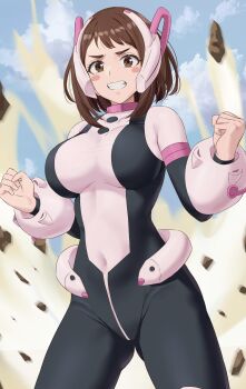 1girl absurdres amayo_thranana black_bodysuit blue_sky blush_stickers bodysuit boku_no_hero_academia breasts brown_eyes brown_hair clenched_hands clenched_teeth covered_navel day debris gluteal_fold highres large_breasts medium_hair multicolored_bodysuit outdoors pink_bodysuit sky solo superhero_costume teeth two-tone_bodysuit uraraka_ochako uraraka_ochako_(hero_outfit)