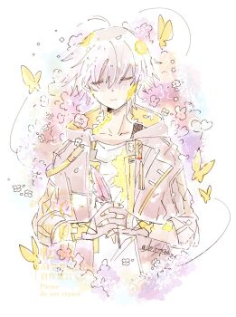 Rule 34 | 1boy, arm ribbon, artist name, black coat, black gloves, bug, butterfly, caelus (honkai: star rail), closed eyes, closed mouth, coat, collarbone, dairyksan, field, fingerless gloves, fingernails, flower, flower field, gloves, grey hair, hair between eyes, hashtag-only commentary, highres, honkai: star rail, honkai (series), hood, hooded coat, insect, lapels, male focus, open clothes, open coat, own hands together, pink flower, purple flower, red flower, ribbon, shirt, short hair, solo, t-shirt, tassel, trailblazer (honkai: star rail), two-sided coat, two-sided fabric, upper body, watermark, white shirt, yellow butterfly, yellow coat, yellow flower