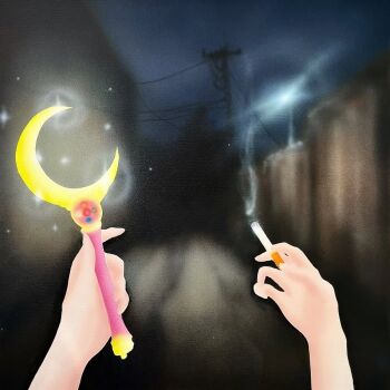acrylic_paint_(medium) bishoujo_senshi_sailor_moon cigarette commentary english_commentary fence georgia_nielson holding holding_cigarette moon_stick_(sailor_moon) night night_sky original painting_(medium) pov pov_hands sky smoking solo sparkle surreal traditional_media utility_pole wooden_fence