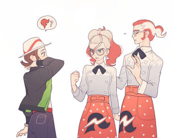 1boy 2girls apron black_bow black_bowtie bow bowtie bracelet brown_hair clenched_hand closed_eyes commentary_request flying_sweatdrops glasses green_eyes griselle_(pokemon) grisham_(pokemon) hand_up harmony_(pokemon) hat jacket jewelry korean_commentary long_sleeves looking_at_another multiple_girls nintendo pants pokemon pokemon_legends:_z-a print_apron rumong simple_background waist_apron white-framed_eyewear white_background white_hat