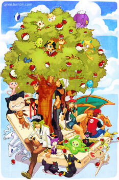 blue_sky brendan_(pokemon) charizard charmander chikorita chimchar chimecho dawn_(pokemon) day drifblim eevee ethan_(pokemon) gen_1_pokemon gen_2_pokemon gen_3_pokemon gen_4_pokemon gen_5_pokemon gothitelle handheld_game_console hilda_(pokemon) jirachi leafeon legendary_pokemon lucas_(pokemon) lugia mew_(pokemon) minccino mythical_pokemon n_(pokemon) nintendo nintendo_ds on_swing petilil pichu pikachu poke_ball pokemon pokemon_bw pokemon_dppt pokemon_emerald pokemon_frlg pokemon_hgss pokemon_rse purrloin qinni raichu red_(pokemon) reshiram reuniclus shinx sky snorlax stylus swing tepig togepi tree tumblr_username umbreon watermark web_address zorua