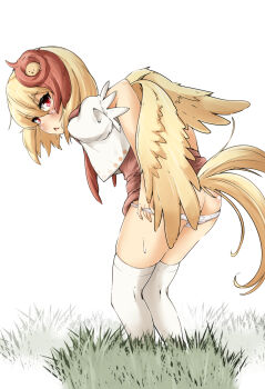 1girl animal animal_on_head ass baby_animal bird bird_on_head bird_wings blonde_hair blush butt_crack chick dress feathered_wings grass highres looking_at_viewer mepikari multicolored_hair niwatari_kutaka on_head outdoors panties red_eyes red_hair short_sleeves simple_background squatting sweat tail thighhighs touhou two-tone_hair underwear undressing white_background white_panties wings yellow_wings