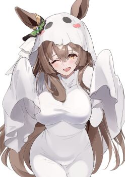 1girl alternate_costume animal_ears blush breasts brown_eyes brown_hair commentary_request diamond_(shape) dress ear_ornament ears_through_headwear ghost_costume ghost_pose hair_between_eyes halloween halloween_costume hands_up highres horse_ears horse_girl large_breasts long_hair multicolored_hair one_eye_closed open_mouth satono_diamond_(umamusume) sheet_ghost shinobutti90wer simple_background sleeves_past_fingers sleeves_past_wrists smile solo streaked_hair teeth umamusume upper_teeth_only white_background white_dress