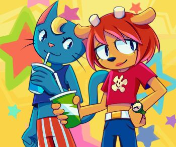 2girls animal_ears animated animated_gif blonde_hair blue_fur blue_pants blue_shirt cat cat_ears cat_girl cat_tail daycolors furry furry_female highres horns katy_kat lammy_(um_jammer_lammy) multiple_girls orange_fur pants parappa_the_rapper red_hair red_shirt shirt soda sony star_(symbol) striped_clothes striped_pants tail um_jammer_lammy whiskers