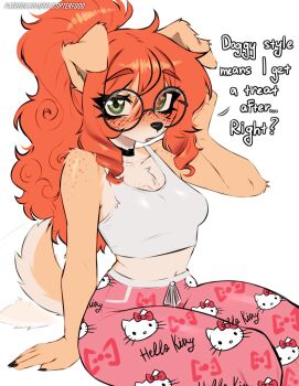 1girl animal_ears animal_nose bare_shoulders bikini black_choker body_fur breasts choker commentary dog_ears dog_girl dog_tail drill_hair drill_sidelocks english_commentary english_text furry furry_female glasses green_eyes heart heart_in_eye helicopterfood hello_kitty high_ponytail highres long_hair looking_at_viewer medium_breasts midriff orange_fur orange_hair original ponytail red_hair round_eyewear sanrio sidelocks sitting solo sports_bra swimsuit symbol_in_eye tail tail_wagging white_background white_bikini