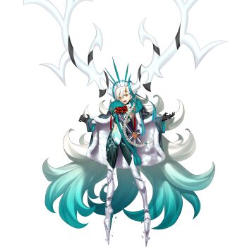 1girl aqua_hair ascot black_gloves braid breaking cape clothing_cutout cracked_skin detached_horns e-stellar_marie earrings fate/grand_order fate_(series) full_body fur-trimmed_cape fur_trim game_cg gloves glowing_cracks gradient_hair hair_ribbon hat highres horns huge_horns jewelry long_hair long_sleeves looking_at_viewer multicolored_hair navel official_art olga_marie_animusphere open_mouth red_ascot ribbon shattered single_braid single_horn smile solo standing stomach tachi-e takeuchi_takashi third-party_source transparent_background u-olga_marie variant_set very_long_hair white_hair white_hat yellow_eyes yellow_horns