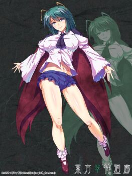 1girl antennae ascot black_ascot blue_shorts blush breasts cape closed_mouth commentary_request full_body green_hair highres juliet_sleeves large_breasts long_sleeves looking_at_viewer midriff navel puffy_sleeves red_cape red_shoes shirt shoes short_hair short_shorts shorts smile socks solo td12734 touhou twitter_username white_shirt white_socks wriggle_nightbug