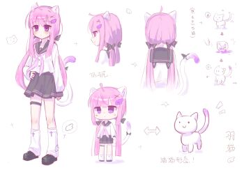1girl ahoge animal_ears artist_self-insert bow cat_ears cat_girl cat_tail hair_bow hair_ornament highres long_hair loose_socks neckerchief original pink_eyes pink_hair pink_neckerchief plume_(pixiv_106530054) school_uniform serafuku socks tail tail_bow tail_ornament transformation twintails white_socks wing_hair_ornament x_hair_ornament