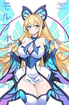 1girl antenna_hair aqua_eyes aqua_nails azure_striker_gunvolt azure_striker_gunvolt_3 blonde_hair blush breasts bug butterfly butterfly_hair_ornament character_name commentary detached_sleeves dress energy_wings english_commentary hair_between_eyes hair_ornament headphones high_ponytail highres insect jarckius large_breasts long_hair lumen_(gunvolt) multicolored_dress multicolored_hair nail_polish paid_reward_available pink_hair ponytail signature smile solo thighhighs two-tone_hair very_long_hair white_background wings