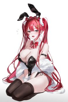 Rule 34 | 1girl, absurdres, akane lize, animal ears, arm strap, bare shoulders, black eyes, black leotard, bow, bowtie, breasts, brown thighhighs, chaerom, cleavage, detached collar, fake animal ears, fang, feather boa, hashtag-only commentary, heart, heart o-ring, highleg, highleg leotard, highres, large breasts, leotard, long hair, looking at viewer, mole, mole on cheek, multicolored hair, o-ring, open mouth, rabbit ears, red hair, side-tie leotard, simple background, smile, solo, stellive, strapless, strapless leotard, streaked hair, thighhighs, thighs, twintails, very long hair, virtual youtuber, white background