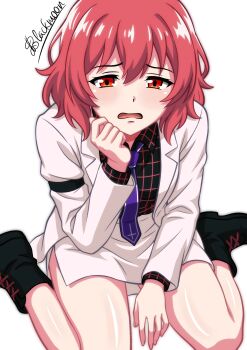 1girl absurdres black_boots boots commentary highres horikawa_raiko jacket long_sleeves looking_at_viewer medium_hair necktie open_clothes open_jacket open_mouth plaid_clothes plaid_shirt purple_necktie red_eyes red_hair shgngzhngdeyti1 shirt simple_background sitting skirt solo touhou wariza white_background white_jacket white_skirt