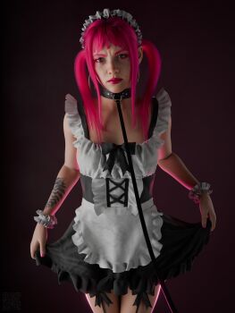 1girl 3d aleksor blender_(medium) collar ellie_(the_last_of_us) highres leash maid makeup pink_hair tattoo the_last_of_us_(series) the_last_of_us_part_ii twintails