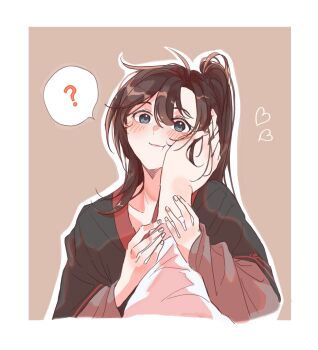 Rule 34 | 2boys, ?, ahoge, androgynous, black eyes, black hanfu, blush, brown background, brown hair, chinese clothes, closed mouth, commentary request, grey eyes, hair between eyes, hand on another's cheek, hand on another's face, hands on another's arm, hanfu, heart, highres, implied yaoi, k a k, lan wangji, long hair, long sleeves, looking at viewer, male focus, modao zushi, multiple boys, out of frame, outline, ponytail, pov, pov hands, robe, side ponytail, simple background, smile, solo focus, spoken heart, spoken question mark, upper body, wei wuxian, white hanfu, wide sleeves