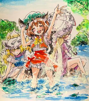 absurdres blonde_hair brown_hair chen colored_pencil_(medium) fox_tail hat highres holding holding_umbrella iori_(akaringo) long_hair medium_hair mob_cap multiple_tails one-hour_drawing_challenge river riverbank tail touhou traditional_media umbrella water yakumo_ran yakumo_yukari