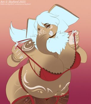 1girl animal_ears artist_name blue_hair bra breasts elephant_ears elephant_girl fishnet_thighhighs fishnets furry furry_female gradient_background large_breasts looking_at_viewer nala_elephant navel original panties pink_hair plump proboscis red_bra red_panties skyford solo thighhighs underwear watermark web_address