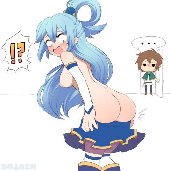 ! !? ... 1boy 1girl ? absurdres aqua_(konosuba) ass back blue_eyes blue_hair blue_skirt blush boots breasts brown_hair detached_sleeves highres inconvenient_ass kono_subarashii_sekai_ni_shukufuku_wo! long_hair medium_breasts nipples nude sataen satou_kazuma skirt spoken_ellipsis sweat thigh_boots thighhighs white_background