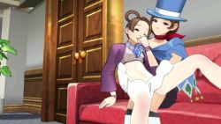 2girls 3d absurdres ace_attorney aged_up animated ascot brown_hair cape clothed_sex couch fingering gloves hat highres jewelry lying_on_lap magatama magatama_necklace multiple_girls necklace neinsfw partially_undressed pearl_fey public_indecency top_hat trucy_wright video yuri