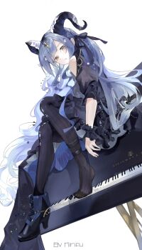 Rule 34 | 1girl, ankle boots, arknights, artist name, bang dream!, bang dream! it's mygo!!!!!, black boots, black dress, black horns, black pantyhose, black wrist cuffs, blue hair, boots, chinese commentary, clothing cutout, commentary request, curled horns, dress, dutch angle, frilled dress, frilled wrist cuffs, frills, from side, full body, high heels, highres, horns, instrument, kirifu (kirifu114514), long hair, looking at viewer, official alternate costume, on piano, pantyhose, parted lips, piano, puffy short sleeves, puffy sleeves, short dress, short sleeves, shoulder cutout, single boot, sitting, sitting on piano, solo, striped clothes, striped pantyhose, togawa sakiko, togawa sakiko (master of melodia), vertical-striped clothes, vertical-striped pantyhose, white background, wrist cuffs, yellow eyes