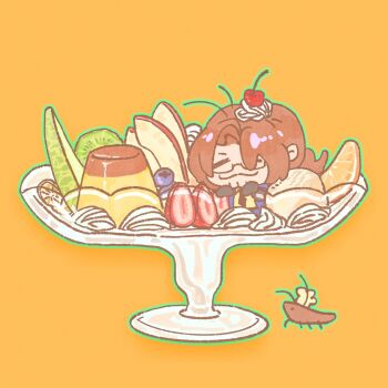 1boy :3 apple apple_slice blueberry bowl brown_hair bug cantaloupe_slice chef_hat cherry_hair_ornament chibi chibi_only closed_eyes cockroach commentary curtained_hair food food-themed_hair_ornament food_focus fruit glass_bowl green_outline gregor_(project_moon) hair_ornament hat highres insect limbus_company lime_(fruit) low_ponytail orange_(fruit) orange_slice outline ponytail project_moon pudding qilin1689 strawberry symbol-only_commentary whipped_cream zwei_association_south_uniform