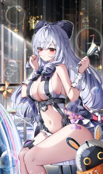1girl absurdres adapted_costume bandana bandana_around_neck bangboo_(zenless_zone_zero) bare_shoulders black_bow blush bow bowtie breasts chair clothing_cutout commentary cup drill_hair drink drinking_straw eous_(zenless_zone_zero) feet_out_of_frame fingernails frilled_one-piece_swimsuit frills glass hair_bow hands_up highres holding holding_cup indoors long_hair looking_at_viewer mole mole_under_eye multicolored_hair nail_polish navel night official_alternate_costume one-piece_swimsuit orange_bandana parted_lips pinwheel purple_bow purple_bowtie purple_hair purple_nails red_eyes sitting sparkle star_(symbol) stomach stomach_cutout streaked_hair swimsuit thigh_strap thighs vivian_banshee vivian_banshee_(iris_of_the_shore) window yeni1871 zenless_zone_zero