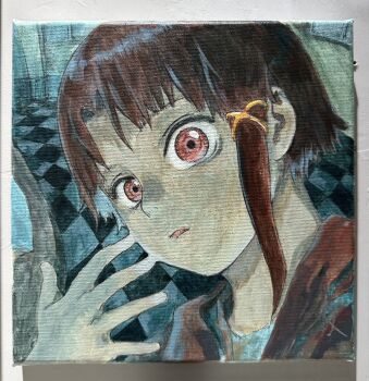 Rule 34 | 1girl, abe yoshitoshi, brown hair, commentary request, highres, iwakura lain, painting (medium), parted lips, red eyes, serial experiments lain, short hair, solo, traditional media, upper body, watercolor (medium), wide-eyed