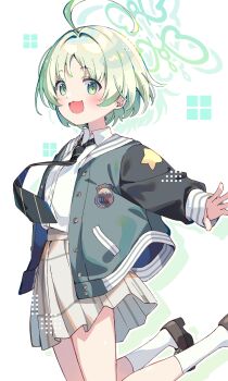 1girl :3 ahoge black_necktie blue_archive brown_shoes collared_shirt commentary diagonal-striped_clothes diagonal-striped_necktie flat_chest green_eyes green_hair green_halo grey_jacket grey_skirt halo highres jacket looking_at_viewer necktie open_mouth pleated_skirt revision ritsu_(blue_archive) school_uniform shirt shoes short_hair skirt socks solo striped_clothes white_shirt white_socks zoirun