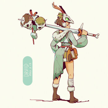 1girl animal_skull bandaged_leg bandages bandaid bandaid_on_face bandaid_on_nose black_eyes bob_cut bone book boots brown_boots brown_hair cable chromatic_aberration closed_mouth coat dated english_text eyeliner female_focus from_behind fur-trimmed_boots fur-trimmed_coat fur-trimmed_hood fur_trim green_coat hand_up highres holding holding_sword holding_weapon hood hood_down hooded_coat impaled iwse_zhang kneepits long_sleeves looking_to_the_side makeup mask original over_shoulder pouch profile red_eyeliner severed_head short_hair simple_background skull skull_mask solo sword thighs torn_clothes torn_coat weapon weapon_over_shoulder white_background