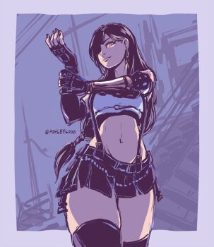 1girl arms_up artist_name ashleyloob backlighting black_skirt cel_shading earrings elbow_gloves elbow_pads female_focus final_fantasy final_fantasy_vii final_fantasy_vii_remake fingerless_gloves gloves hair_over_one_eye highres holding_own_arm jewelry long_hair looking_at_viewer low-tied_long_hair midriff navel red_eyes skirt solo suspender_skirt suspenders tank_top thighhighs tifa_lockhart twitter_username white_tank_top