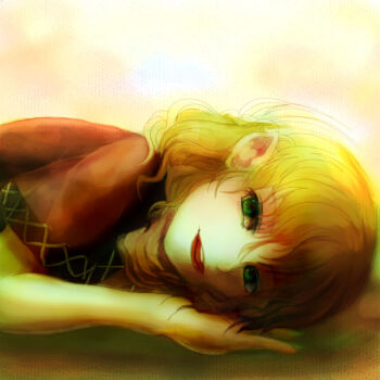 1girl blonde_hair brown_shirt commentary_request green_eyes katari looking_at_viewer lying mizuhashi_parsee on_bed on_side open_mouth pointy_ears pov_across_bed shirt short_hair short_sleeves smile solo touhou upper_body