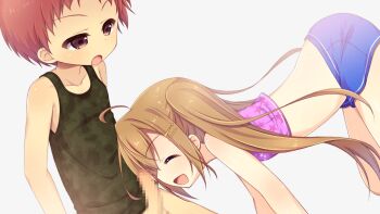 1boy 1girl :d ^_^ ahoge aoi_aruma bent_over blue_shorts blush breasts brown_hair censored closed_eyes collarbone cowboy_shot from_side game_cg green_tank_top grey_background hair_between_eyes hair_ornament hairclip izuno_shiun_(jissai_no_tokoro) jissai_no_tokoro kodomo_doushi large_variant_set loli long_hair mosaic_censoring open_mouth penis pink_tank_top red_eyes red_hair short_hair shorts shota sidelocks simple_background small_breasts smile standing tank_top twintails variant_set very_long_hair very_short_hair